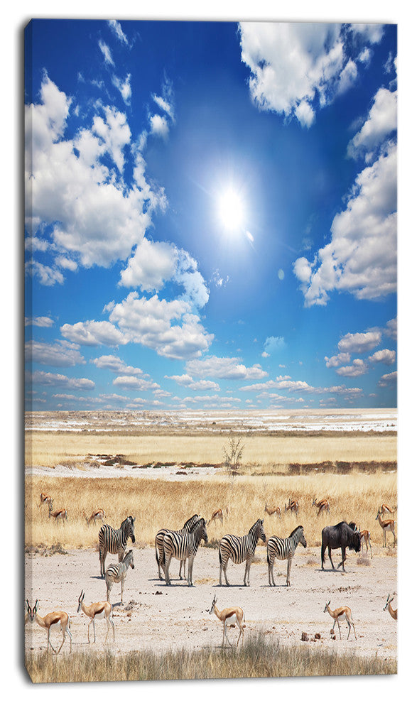 Wandering Zebras under Bright Sky, Oversized Landscape Canvas Art, 16"x32"