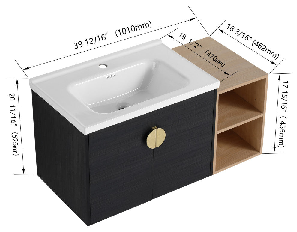 GDF Studio 40" Wall-Mounted Bathroom Vanity, Ceramic Sink & Soft-Close Doors