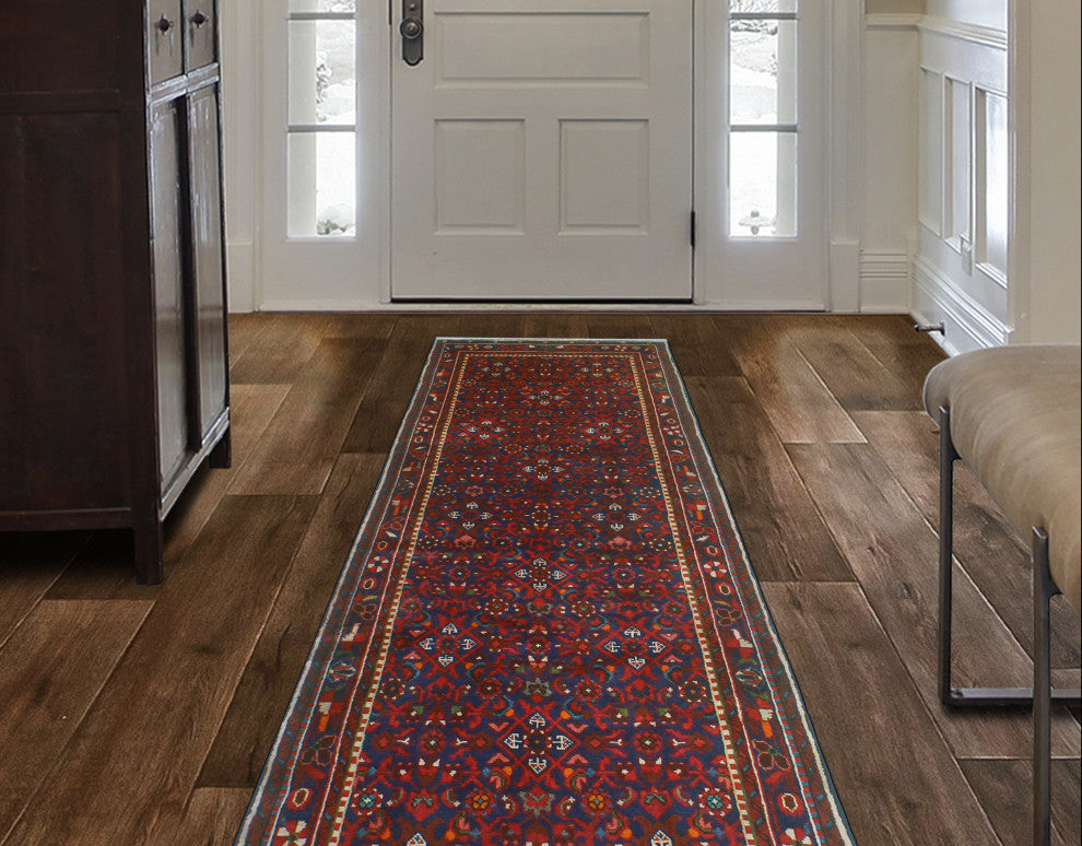 Fine Vintage Distressed Yale Blue/Red Runner, 3'9 x 9'7