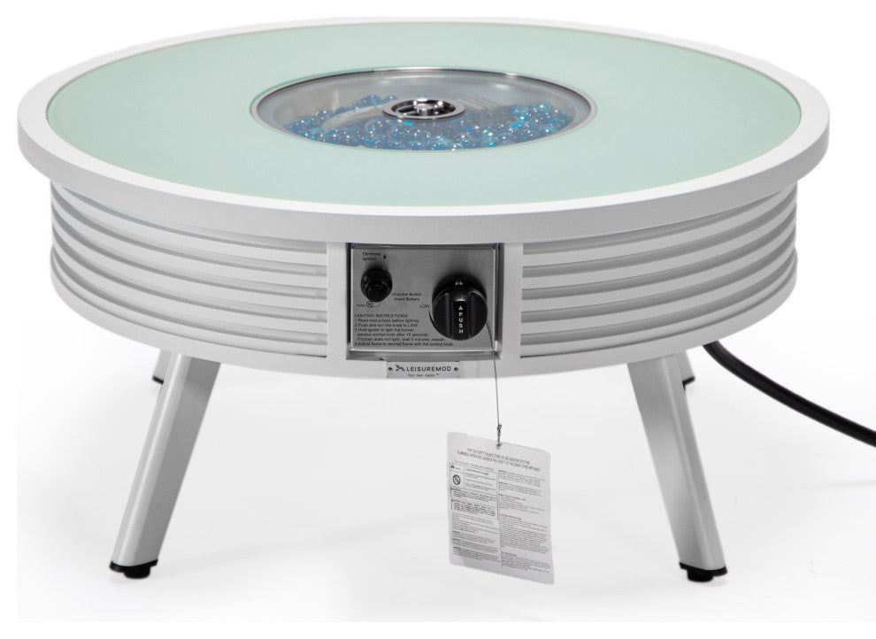 Leisuremod Walbrooke Patio Round Fire Pit Table With Aluminum Slats Frame, White