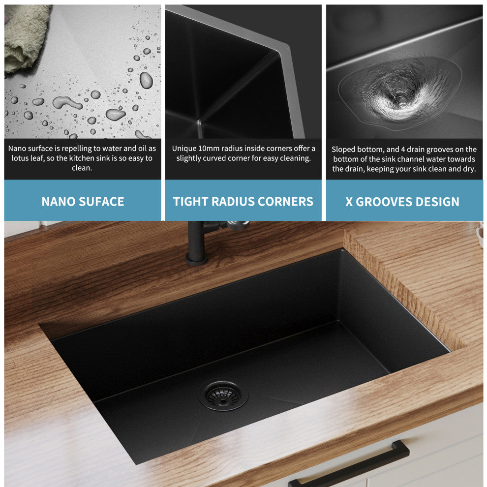 Undermount Single Bowl Stainless Steel Kitchen Sink, Gunmetal Black, 33 X 21