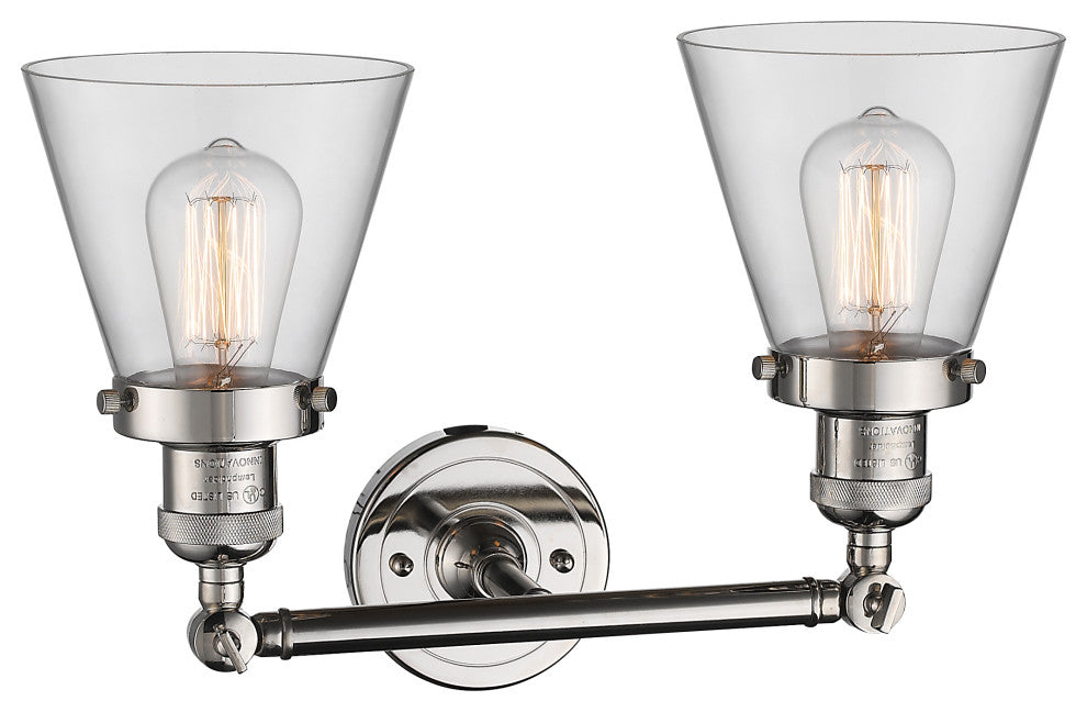 Small Cone 2-Light Bath Fixture, Clear Glass, Polished Nickel