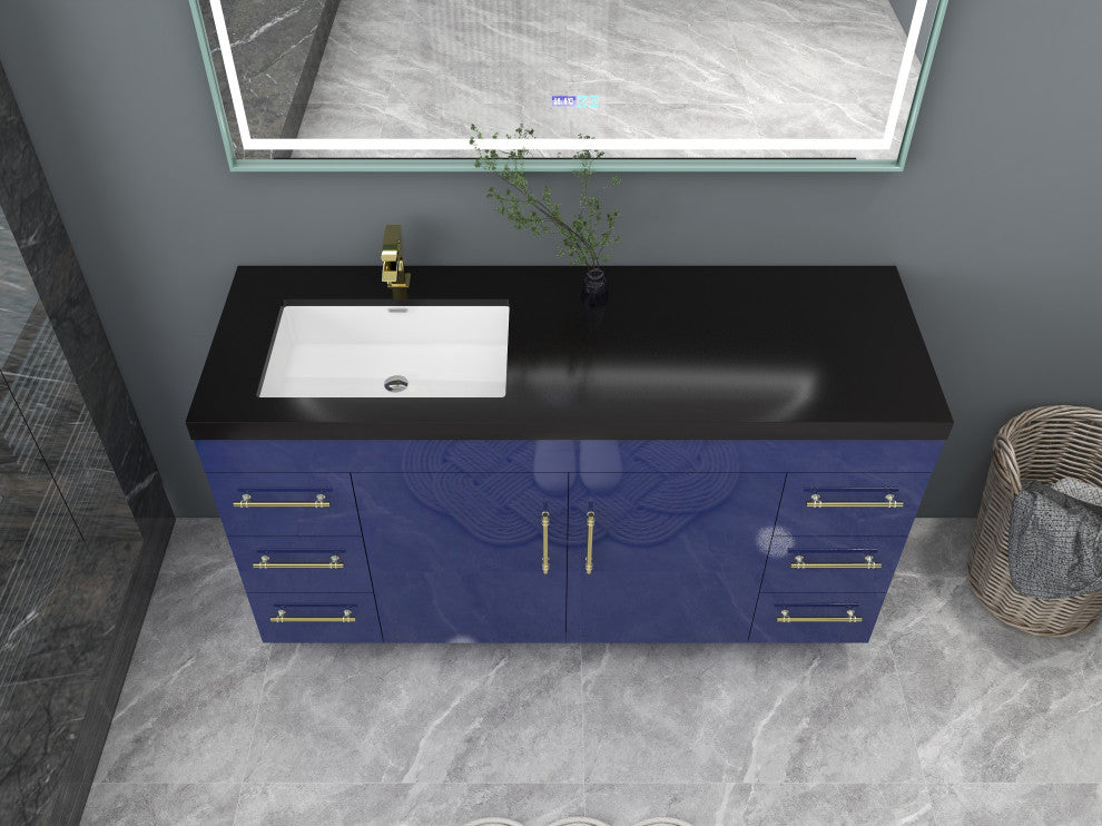 Rosa 60" Free Standing Modern Vanity, High Gloss Night Blue, Matt Black Top