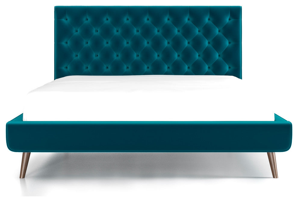 Ashley Midcentury Velvet Tufted Solid Wood Platform Bed, Teal, Queen