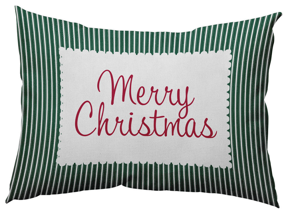 Merry Christmas Ticking Accent Pillow, Forest Green, 14"x20"