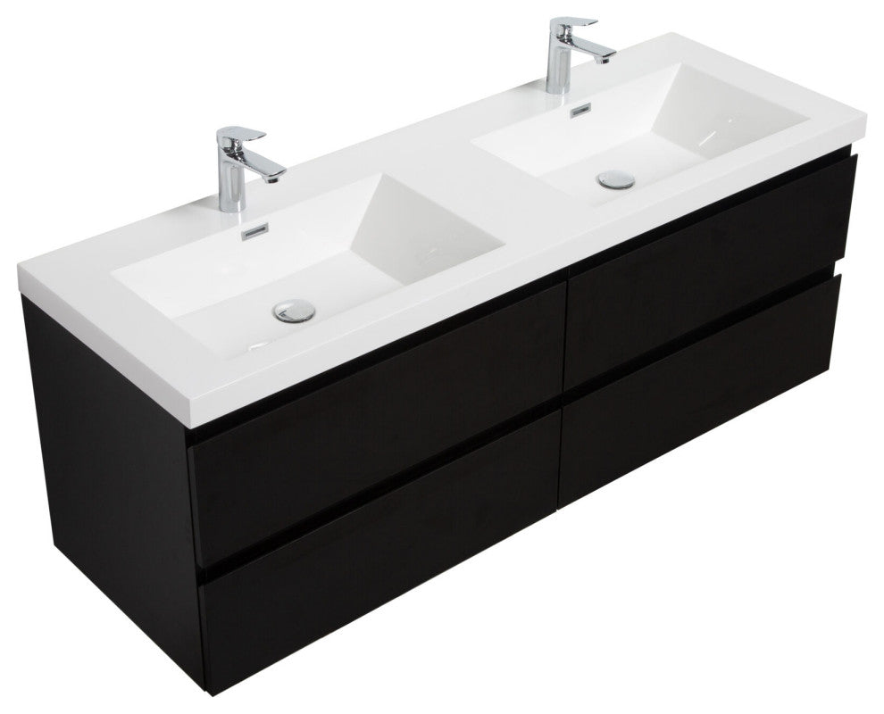 Aurora Wall Mount Vanity, White Acrylic Top, Matte Midnight Black, 60" Double