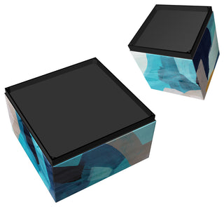 "Puzzle Blues" Reverse Printed Glass Side Table with Black Plinth Base Set of 2