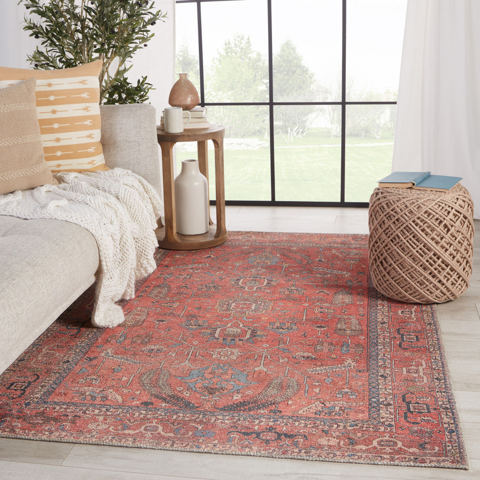 Machine Washable Galina Oriental Red and Blue Runner Rug, 6'x9'