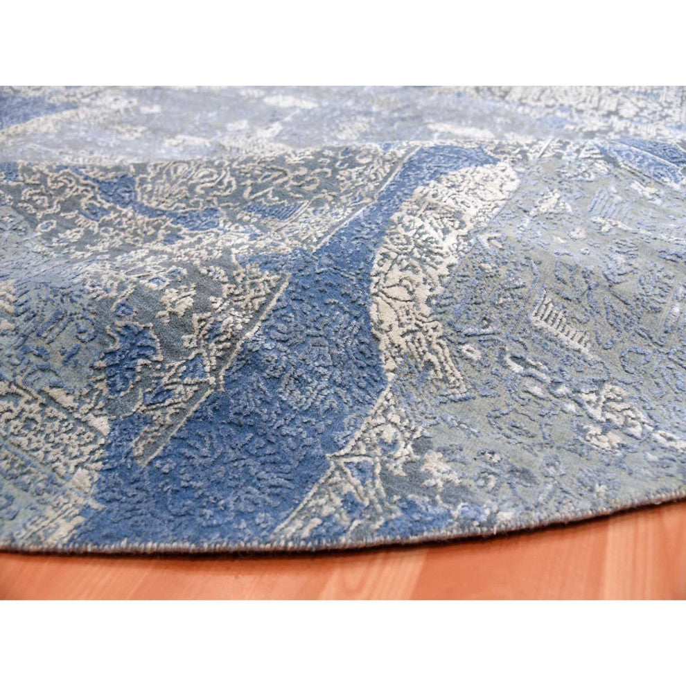 Blue Wool and Silk Jewellery Design Hand Knotted Oriental Round Rug, 10'0"x10'1"