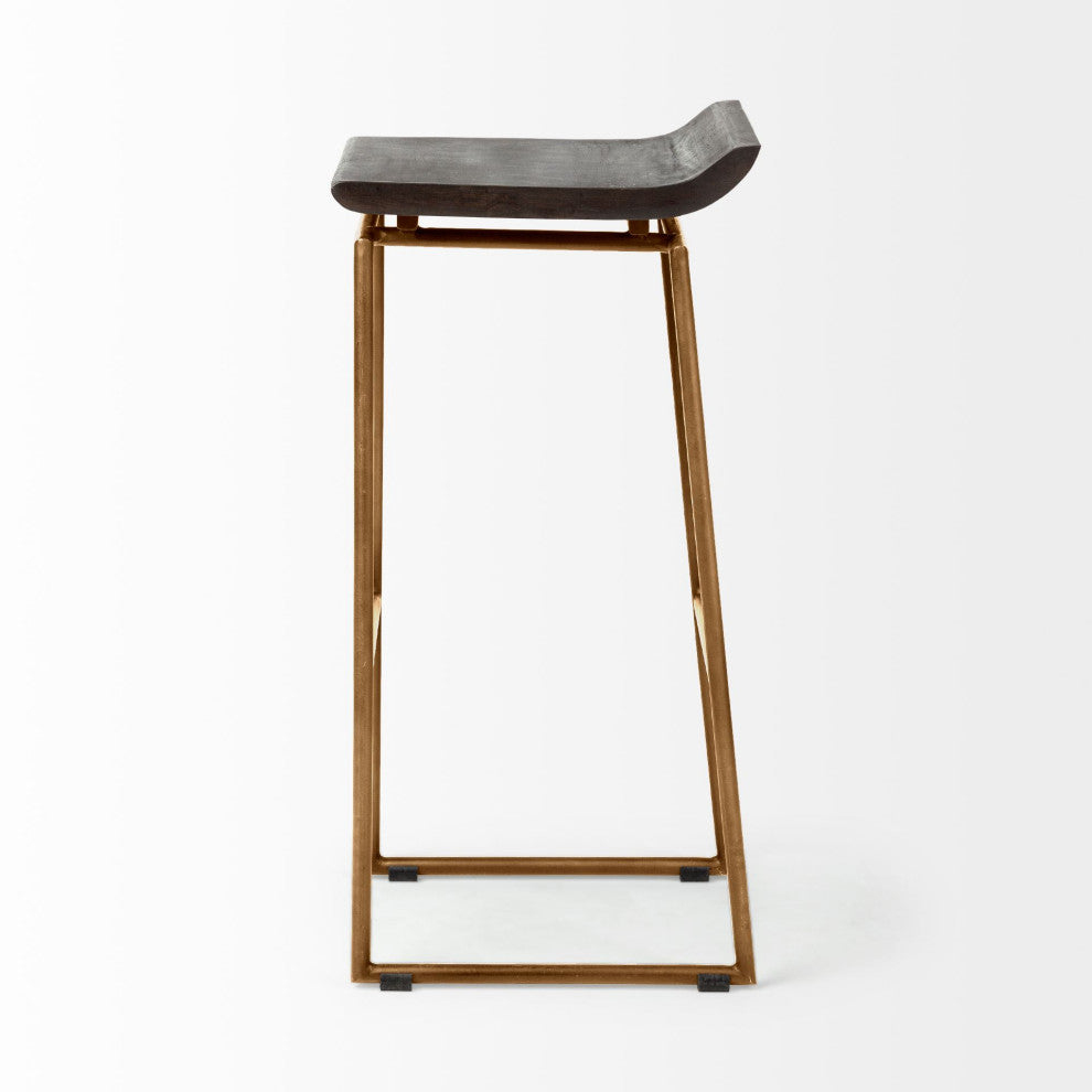 Givens Dark Brown Solid Wood Seat with Gold Metal Frame Bar Stool