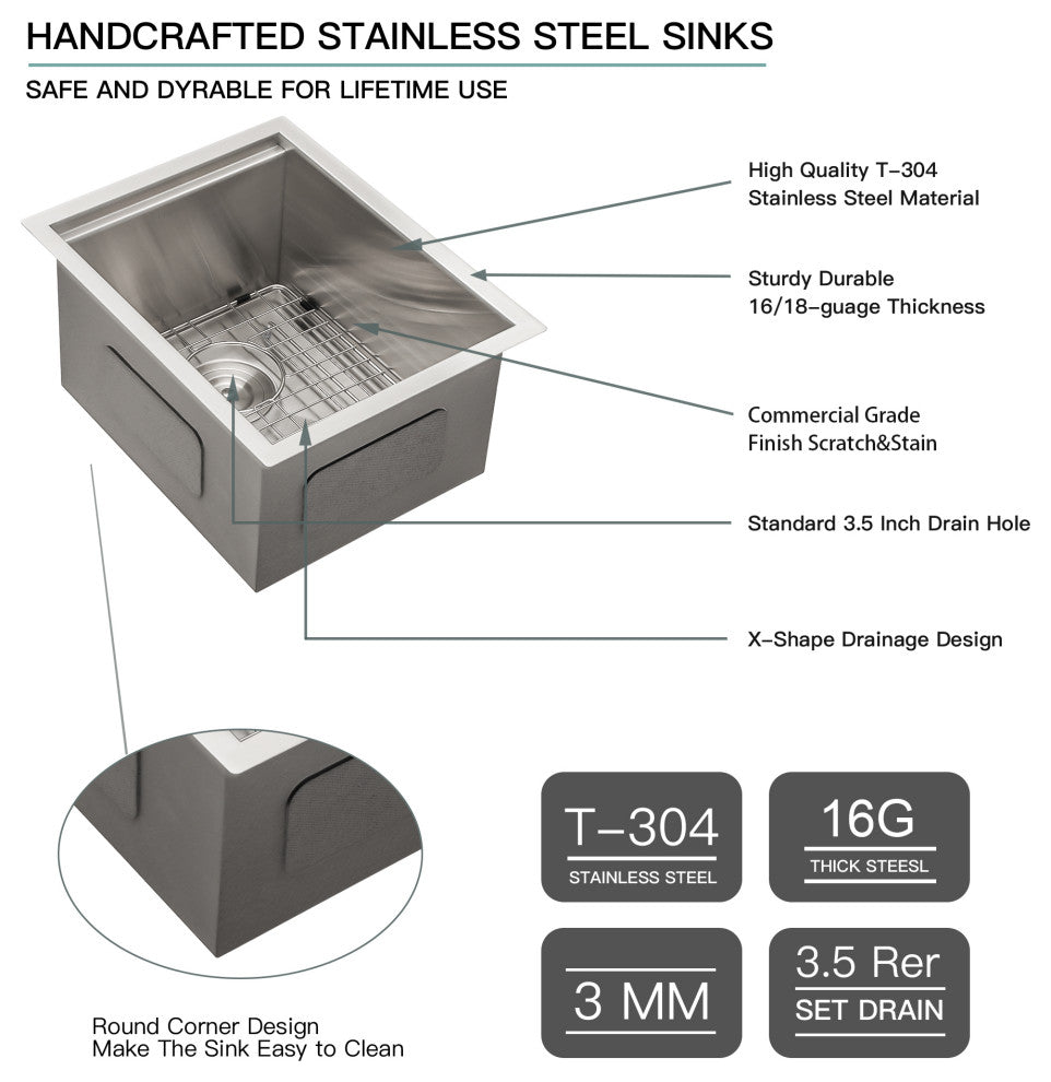 Undermount Workstation Stainless Steel Bar Kitchen Sink Single Bowl Sink 15"