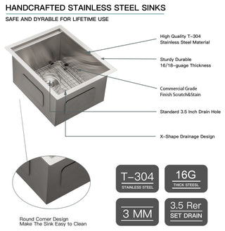 Undermount Workstation Stainless Steel Bar Kitchen Sink Single Bowl Sink 15"