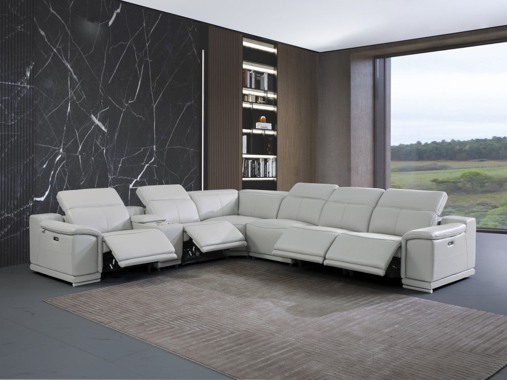 Federico 7-Piece L-Shaped Top Grain Italian Leather Sectional-4 Power Recliners, Light Gray