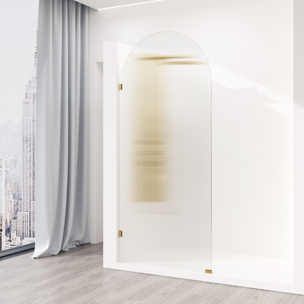 VIGO Arden 34" W x 78" H Frameless Fixed Shower Screen, Matte Brushed Gold, Fluted Glass