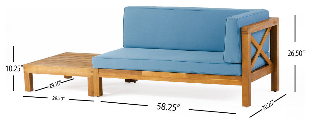 Keith Outdoor Right Arm Loveseat and Coffee Table Set, Blue/Teak