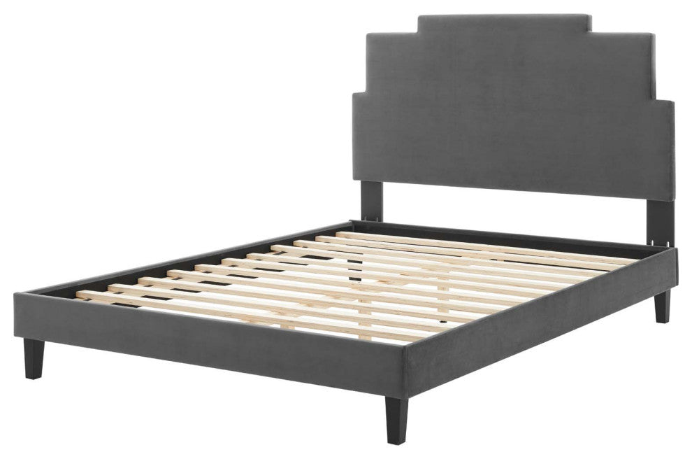 Platform Bed Frame, King Size, Velvet, Dark Gray, Modern Contemporary