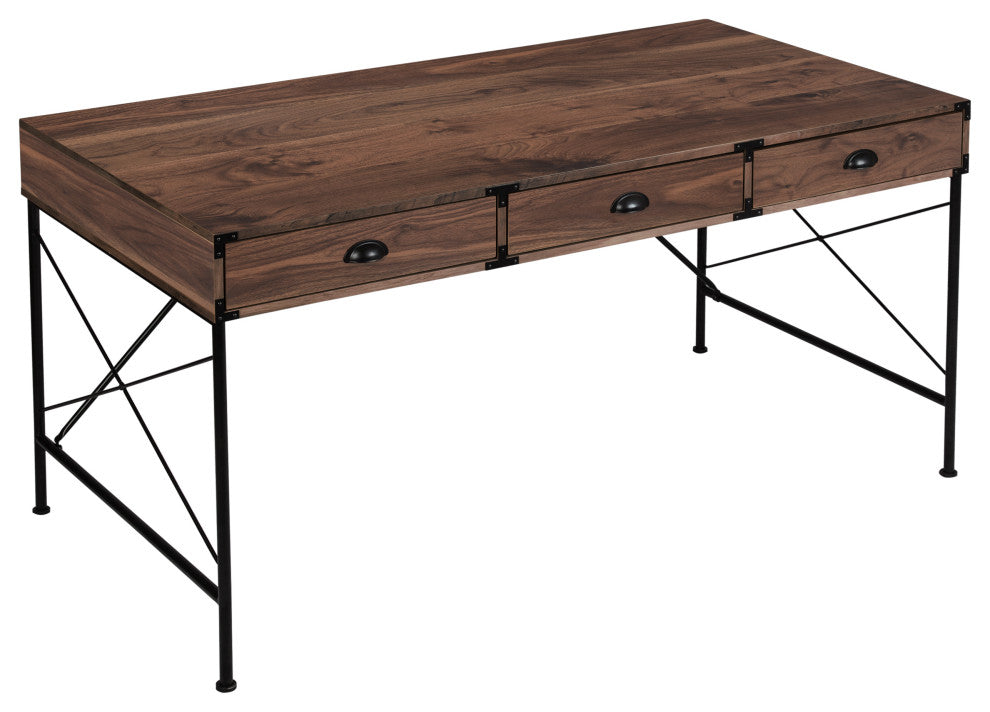 Brunei 59'' Wide 3 Drawer Wood Grain Farmhouse Writing Desk  in Walnut, Walnut Wood Grain