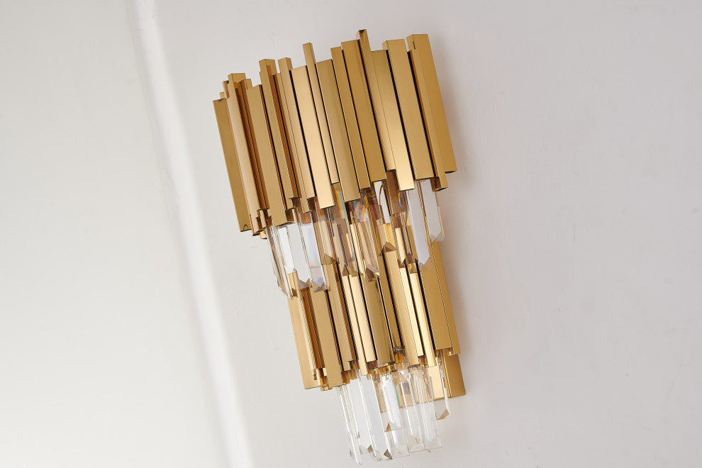 2-Tier Gold Rod Wall Sconce With Clear Crystals