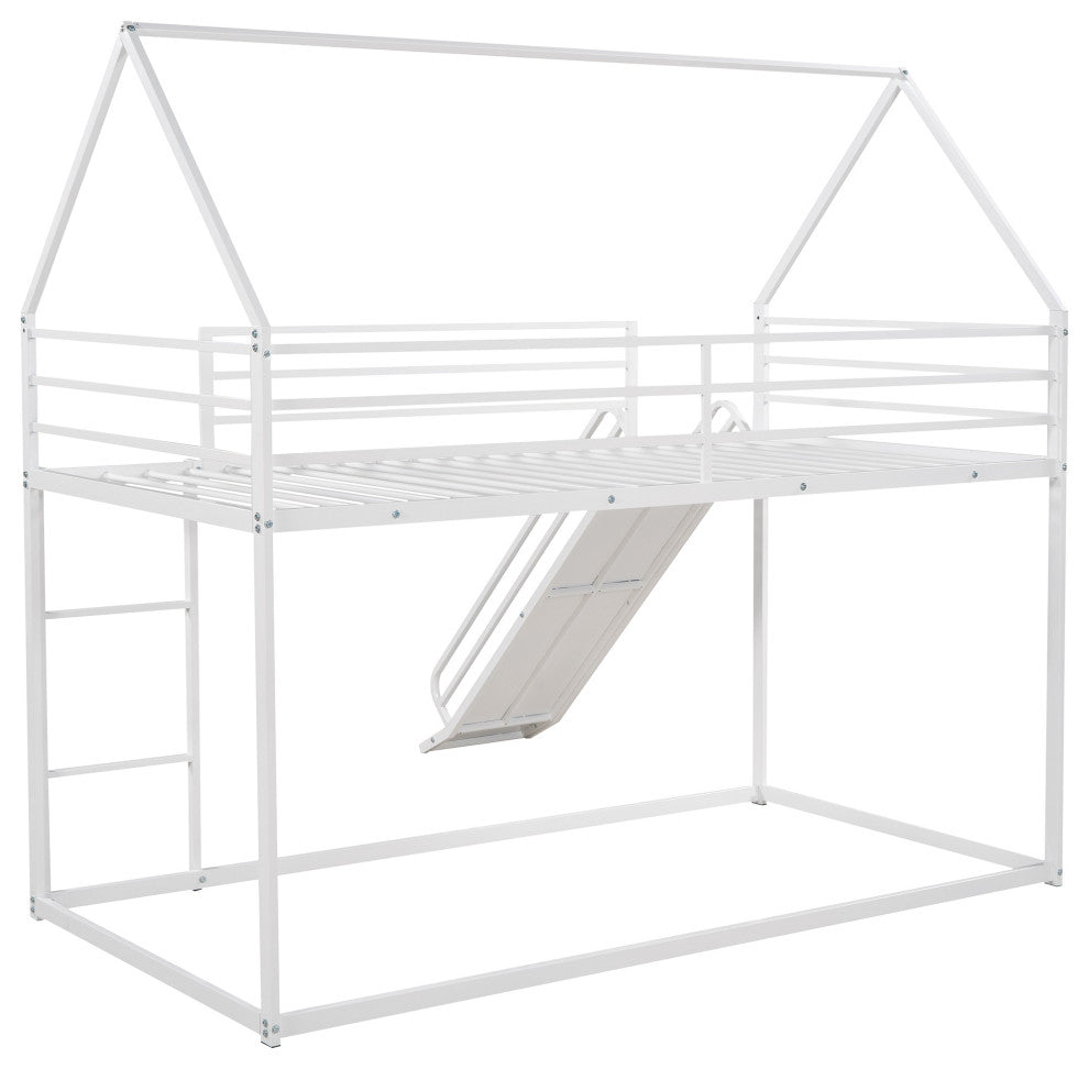 Gewnee Metal Twin Over Twin Bunk Bed House Bed with Slide in White