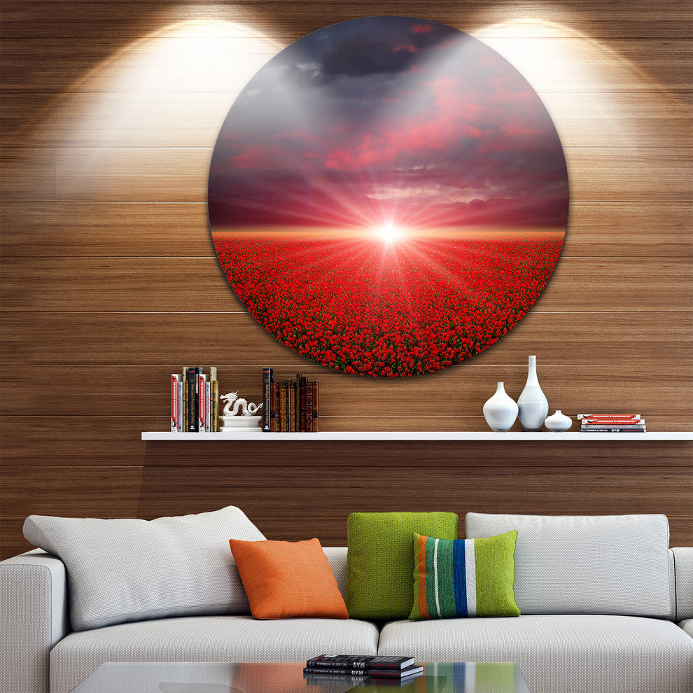 Red Poppies Field At Sunset, Modern Landscape Disc Metal Wall Art, 23"