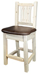 Homestead Bar Stool With Back, Saddle Upholstery, Clear Lacquer Finish