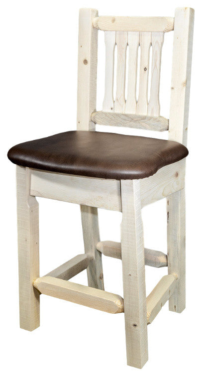 Homestead Bar Stool With Back, Saddle Upholstery, Clear Lacquer Finish