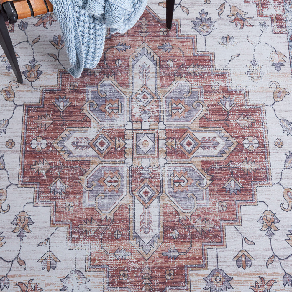 Safavieh Couture Tucson Collection, TSN109 Machine Washable Rug, Ivory / Rust, 6' Round