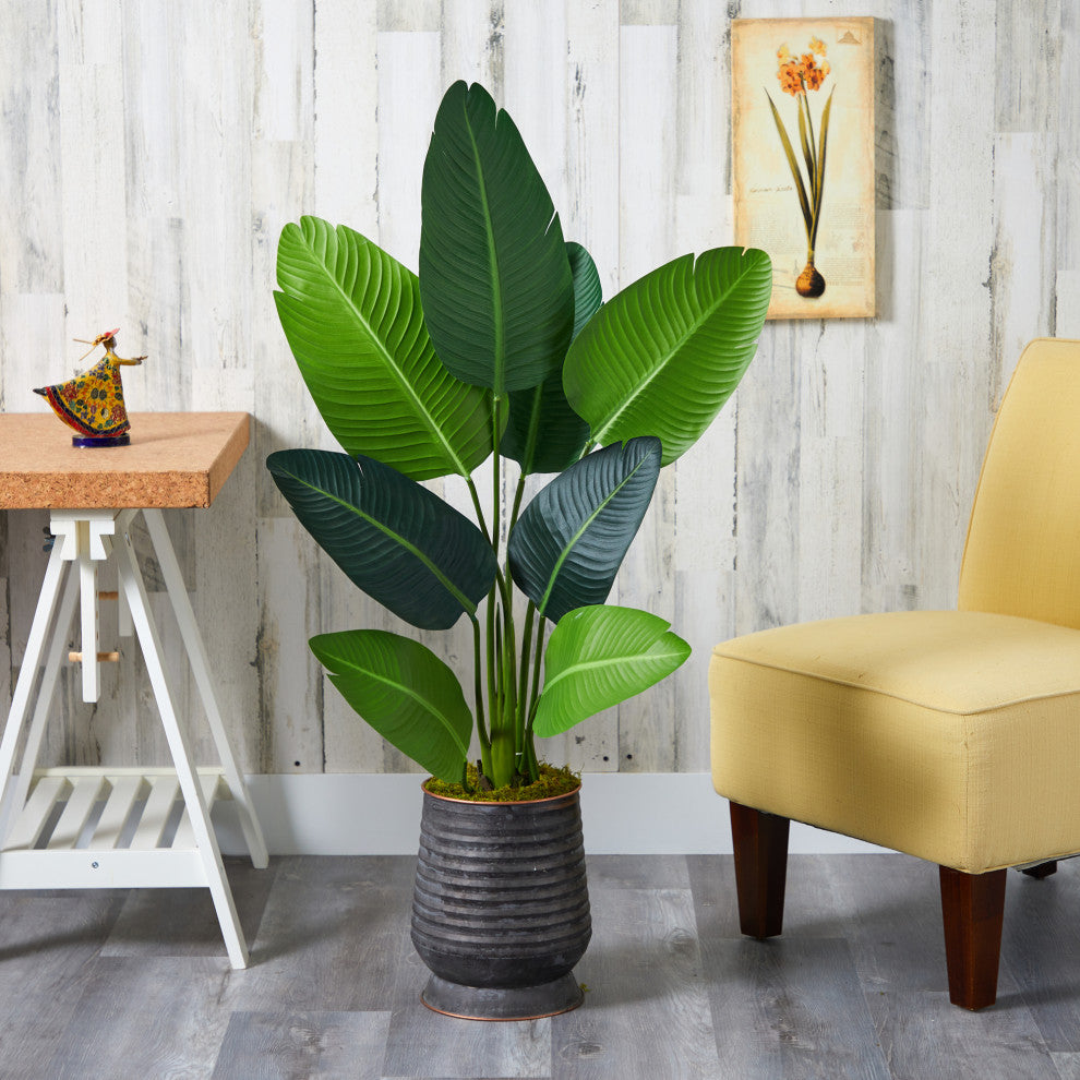 Nearly Natural 50ï¿½ Travelers Palm Artificial Tree in Ribbed Metal Planter