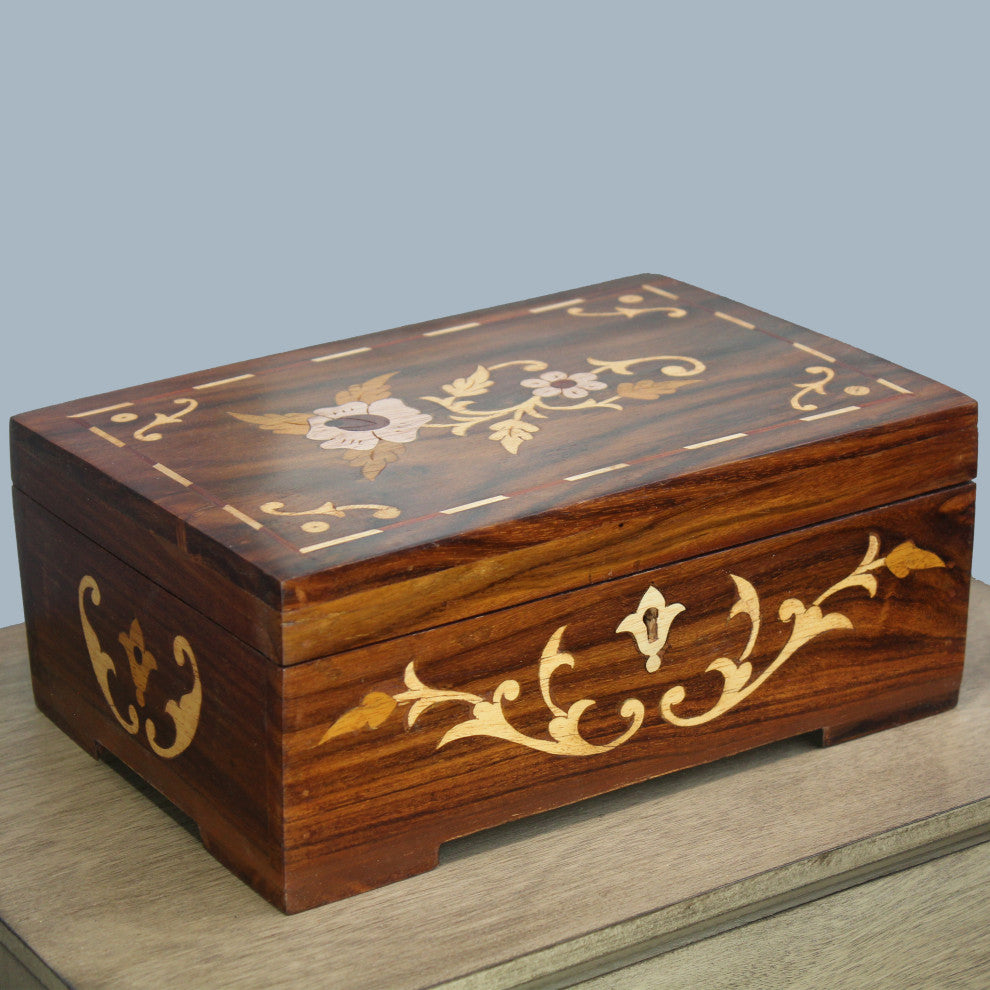 Natural Geo Handmade Rosewood Floral Wooden Decorative Box with Key