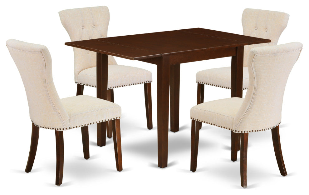 5Pc Dining Set - 4 Parsons Chairs, 2 Drop Leaf Table Hardwood, Mahogany Finish