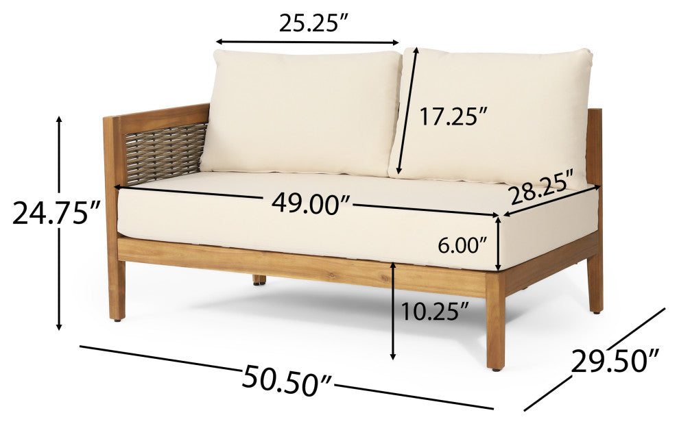 The Crowne Outdoor Acacia Wood and Round Wicker 5 Seater Sectional Sofa Chat Set