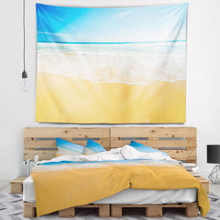 Long Waves on Sand under Blue Sky Seascape Wall Tapestry, 39"x32"