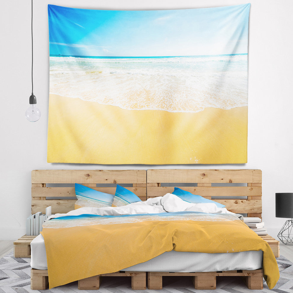 Long Waves on Sand under Blue Sky Seascape Wall Tapestry, 39"x32"