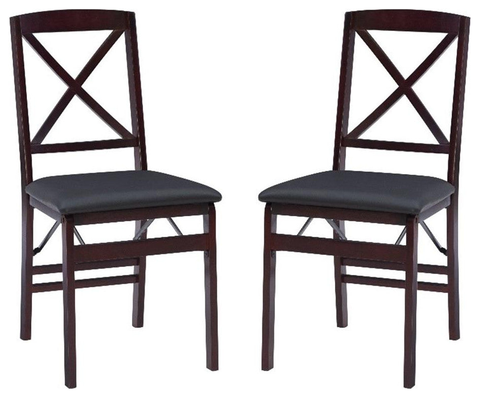 Linon Triena X-Back Set of 2 Folding Chairs Faux Leather Seat in Merlot Wood