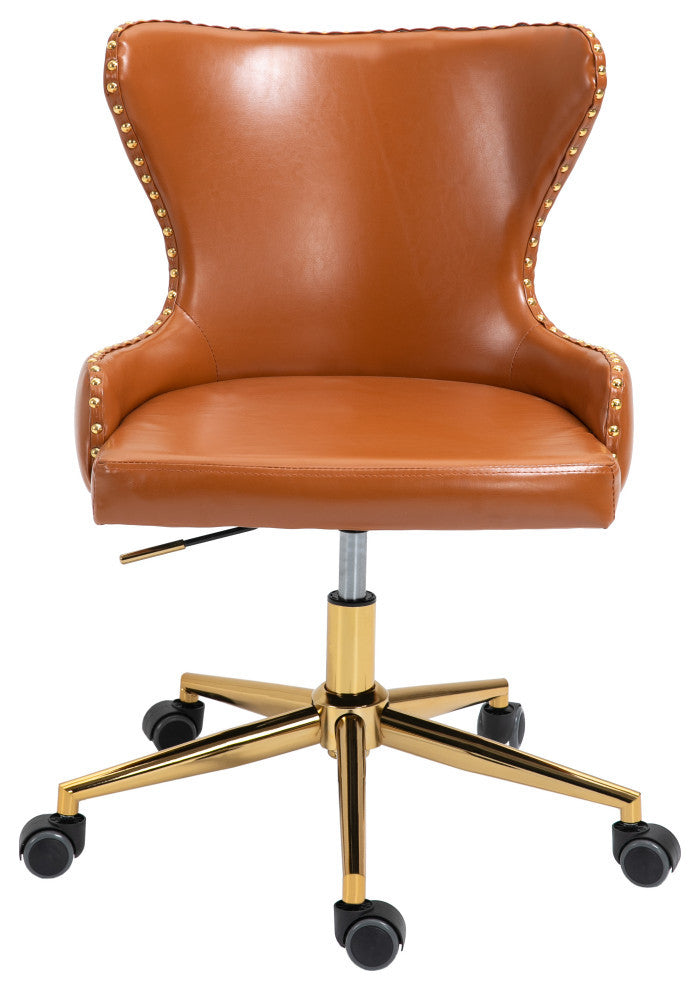 Hendrix Swivel and Adjustable Vegan Leather Office Chair, Cognac, Rich Gold Base