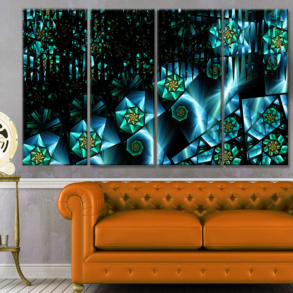 Bright Blue Fractal Flowery Sky, Abstract Wall Art Canvas, 48"x28", 4 Panels
