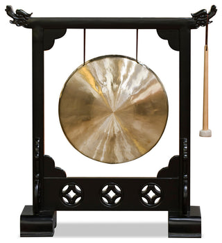 Brass Chinese Gong With Black Elmwood Dragon Frame