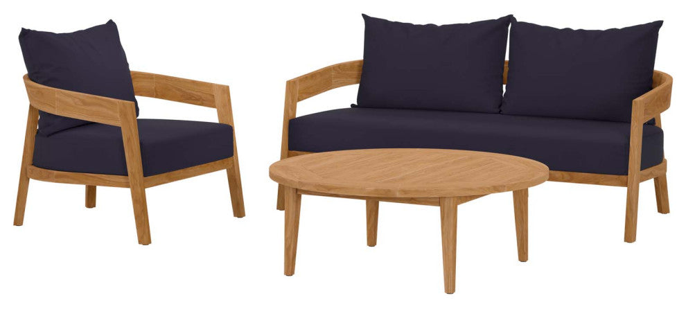 Sectional Sofa Chair Table Set, Blue Navy Natural, Teak Wood, Outdoor Patio