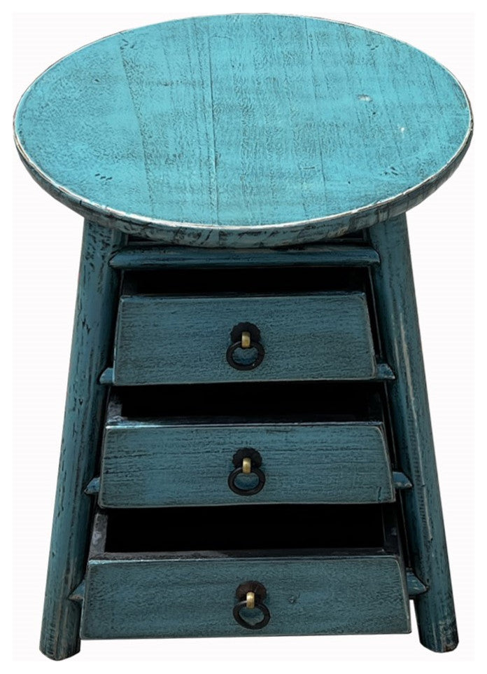 Chinese Distressed Light Blue Round Top Drawers Wood Stool Table Hws3052