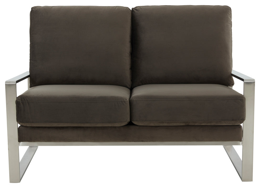 LeisureMod Jefferson Modern Design Velvet Loveseat With Silver Frame, Dark Gray