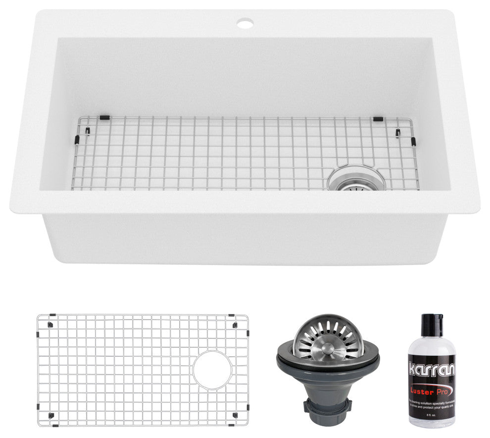Karran Drop-In Quartz 33" 1-Hole Single Bowl Kitchen Sink Kit, White