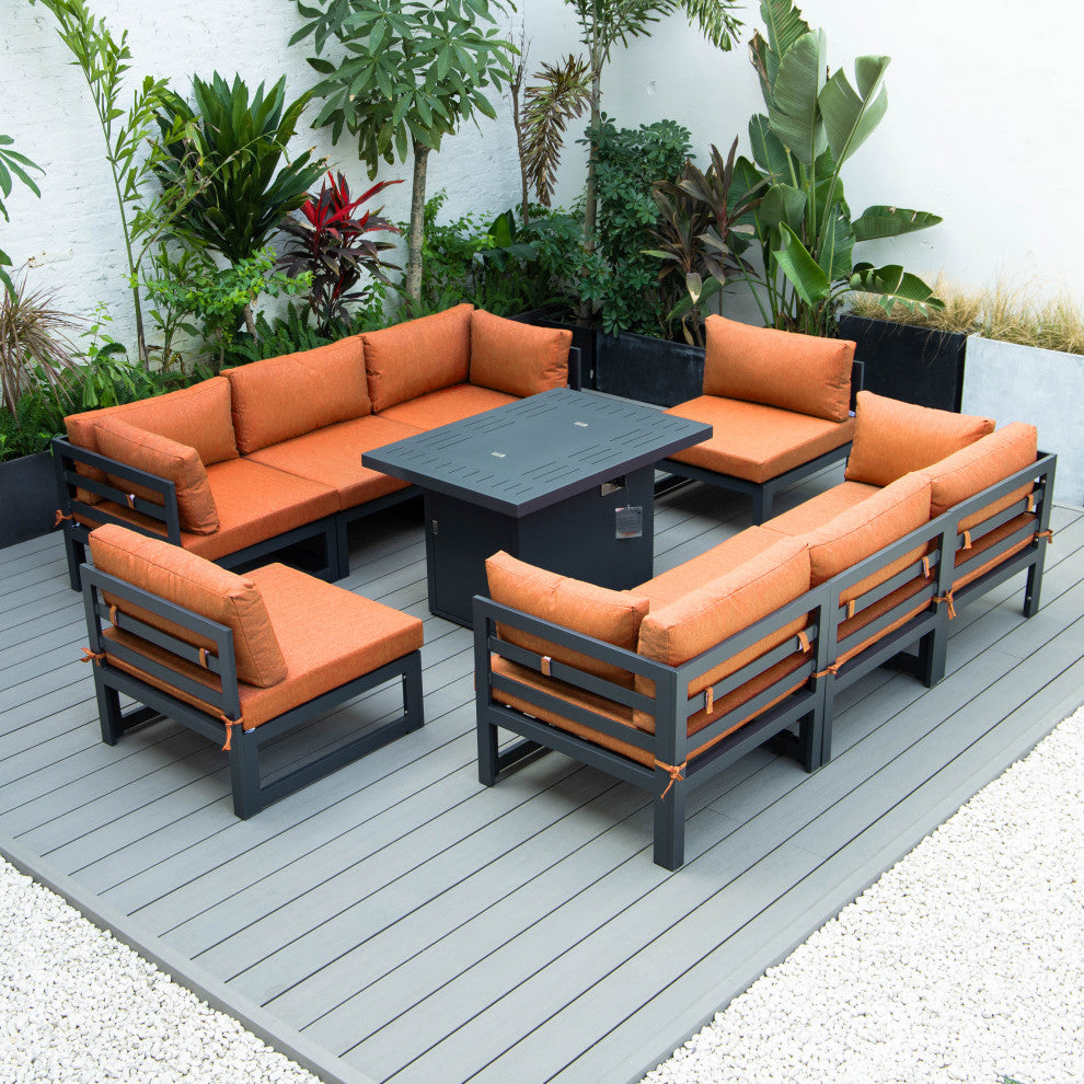 LeisureMod Chelsea 9-Piece Patio Sectional With Fire Pit Table, Orange