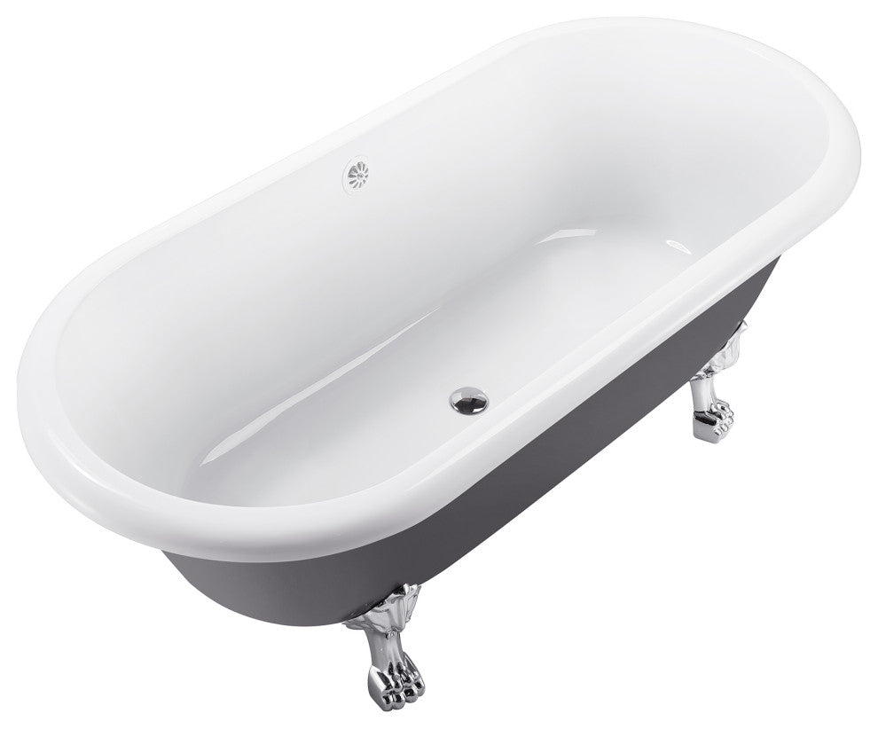 67" Acrylic Clawfoot Roll-Top Soaking Bathtub, Gray