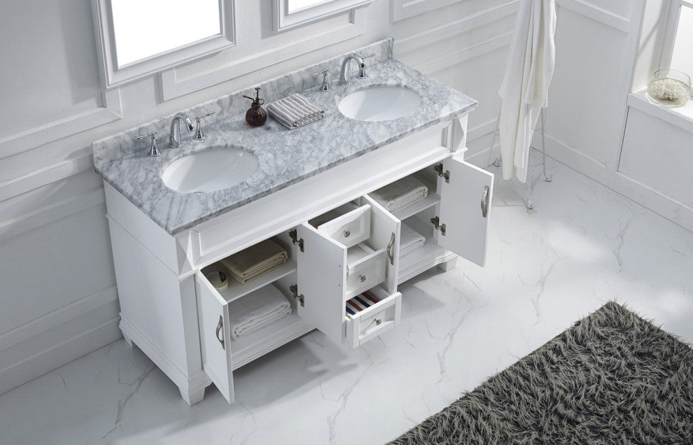 Virtu Victoria 60" Double Bathroom Vanity, White With Faucet and Mirrors