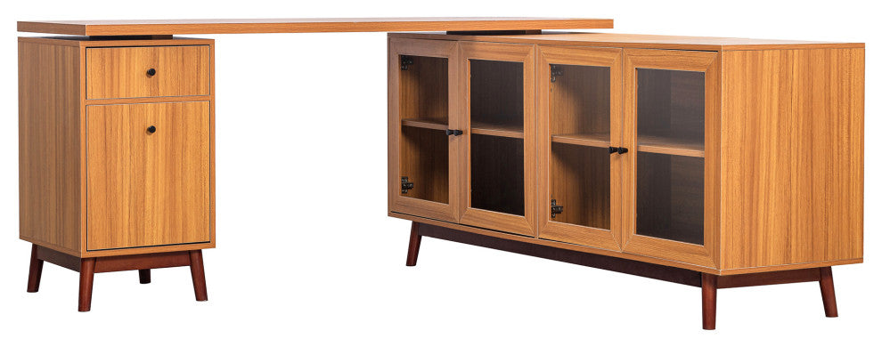 Modern L-shaped Executive Desk, Delicate Tempered Glass Cabinet Storage, Teak