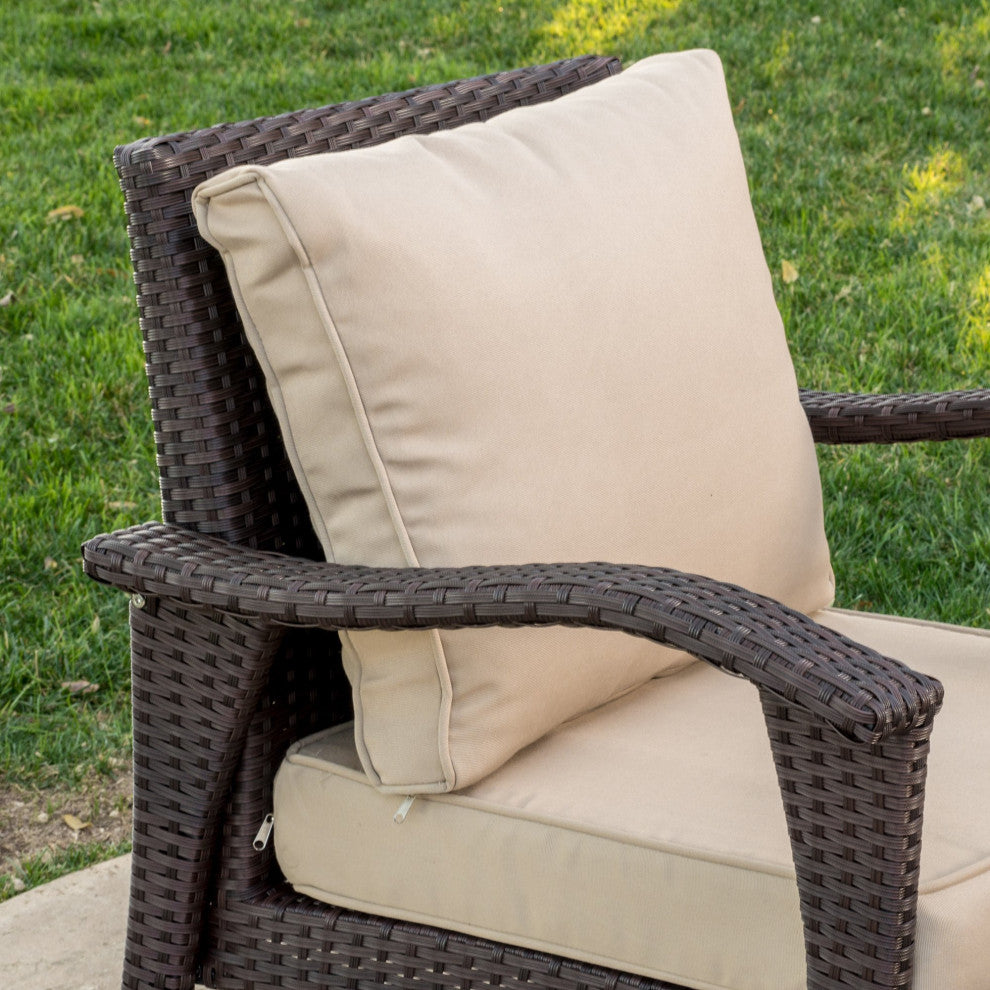 Set of 2 Outdoor Wicker Club Chairs, Brown, Tan Cushions, Curved Arms