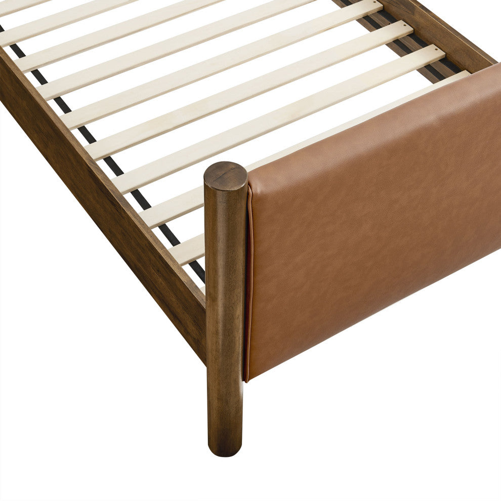 Maven Twin Size Vegan Leather Upholstered Platform Bed, Tan Walnut