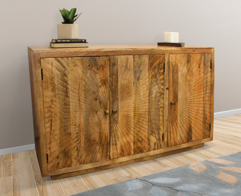 Moti Sunbright 3 Hand Carved Doors Mid-Century Solid Wood Sideboard, Natural