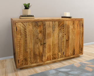 Moti Sunbright 3 Hand Carved Doors Mid-Century Solid Wood Sideboard, Natural