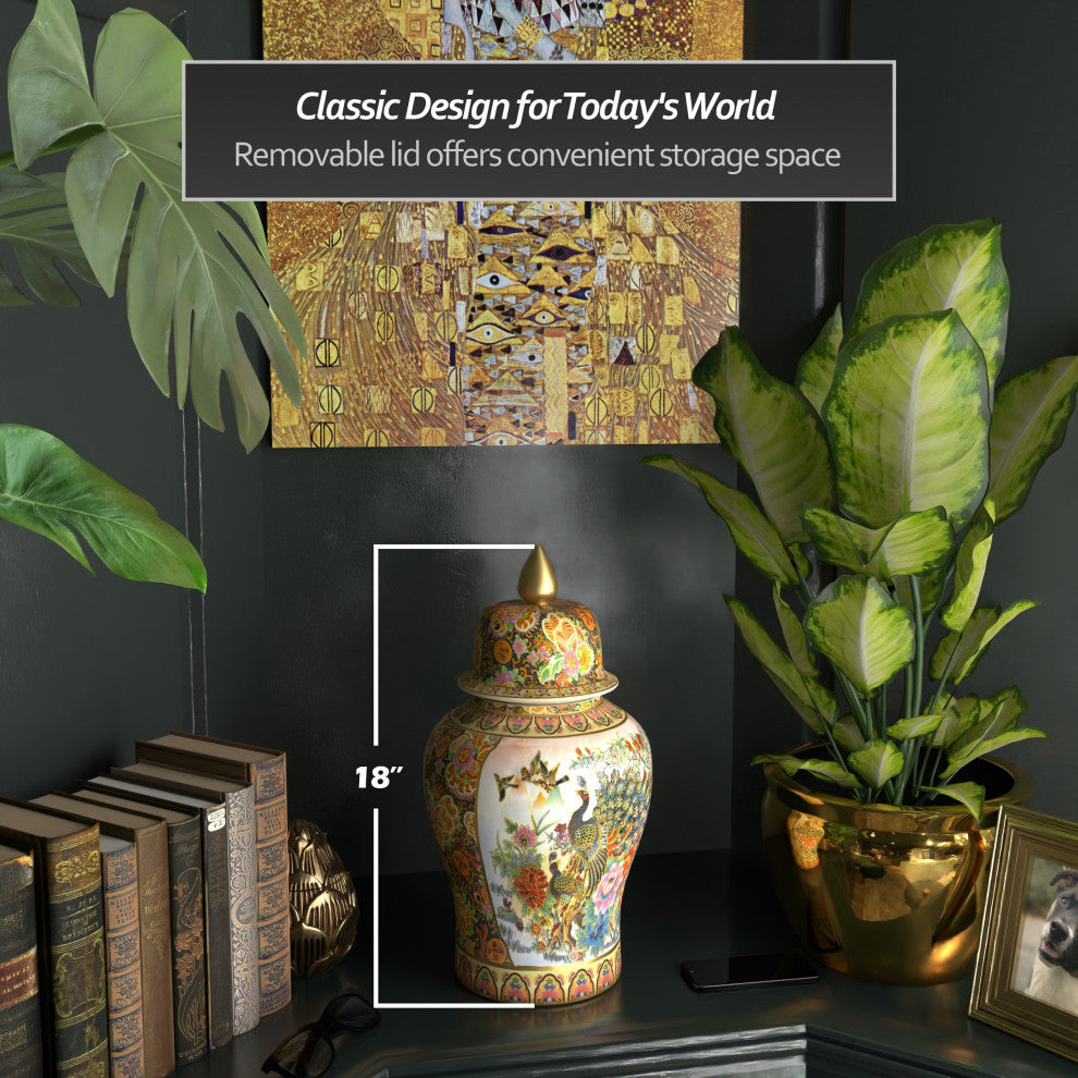 18" Satsuma Peacock Porcelain Temple Jar